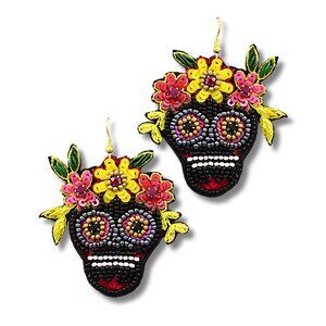 Sugar Skull Black Floral Beaded Embroidered Mardi Gras NOLA Halloween Earrings